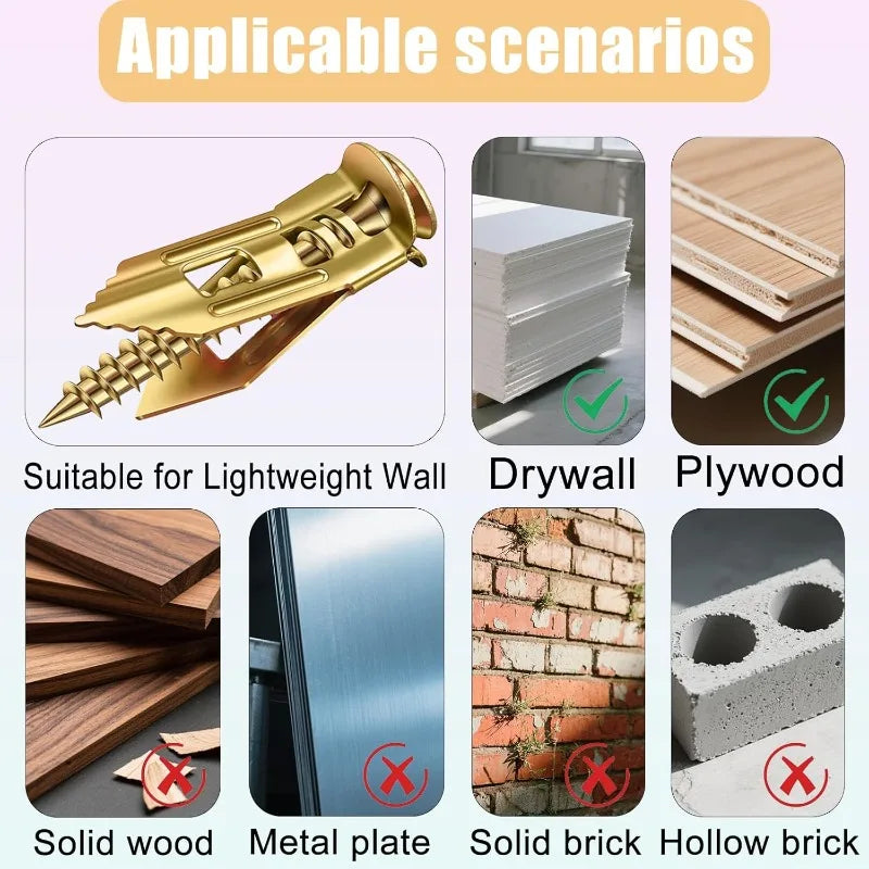 A set of self-tapping drywall expansion anchors for lightweight wall, drywall, and plywood installation.