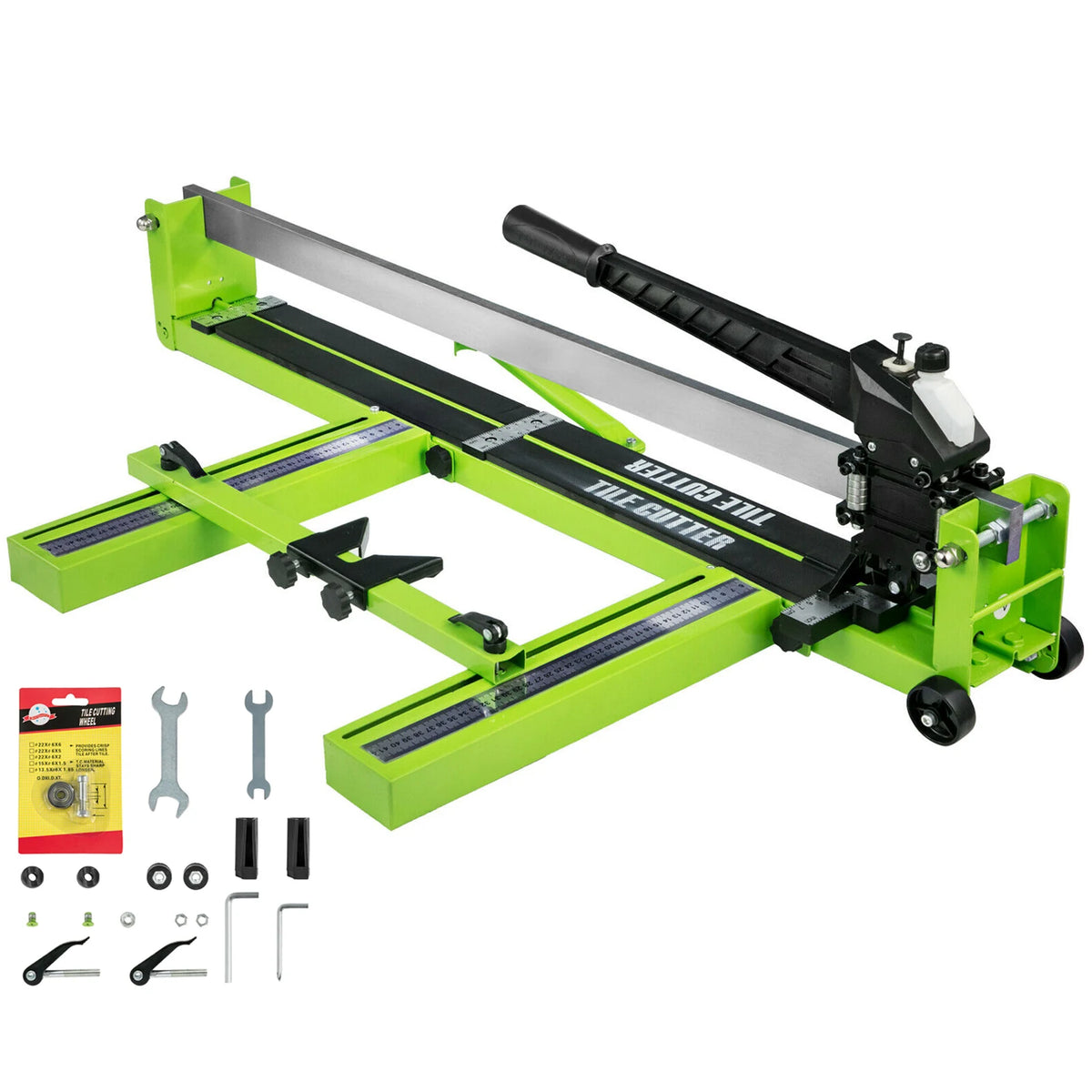 A bright lime green manual tile cutter with a black handle and metal blades is shown on a white background.