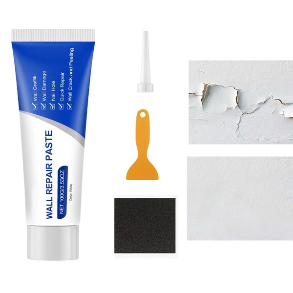 Tube mit Wandreparaturpaste, Applikator und Füllmaterial für Trockenbau-Reparaturen