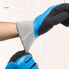 Close-up of a blue and black elastic hand neck glove being worn on a hand.
