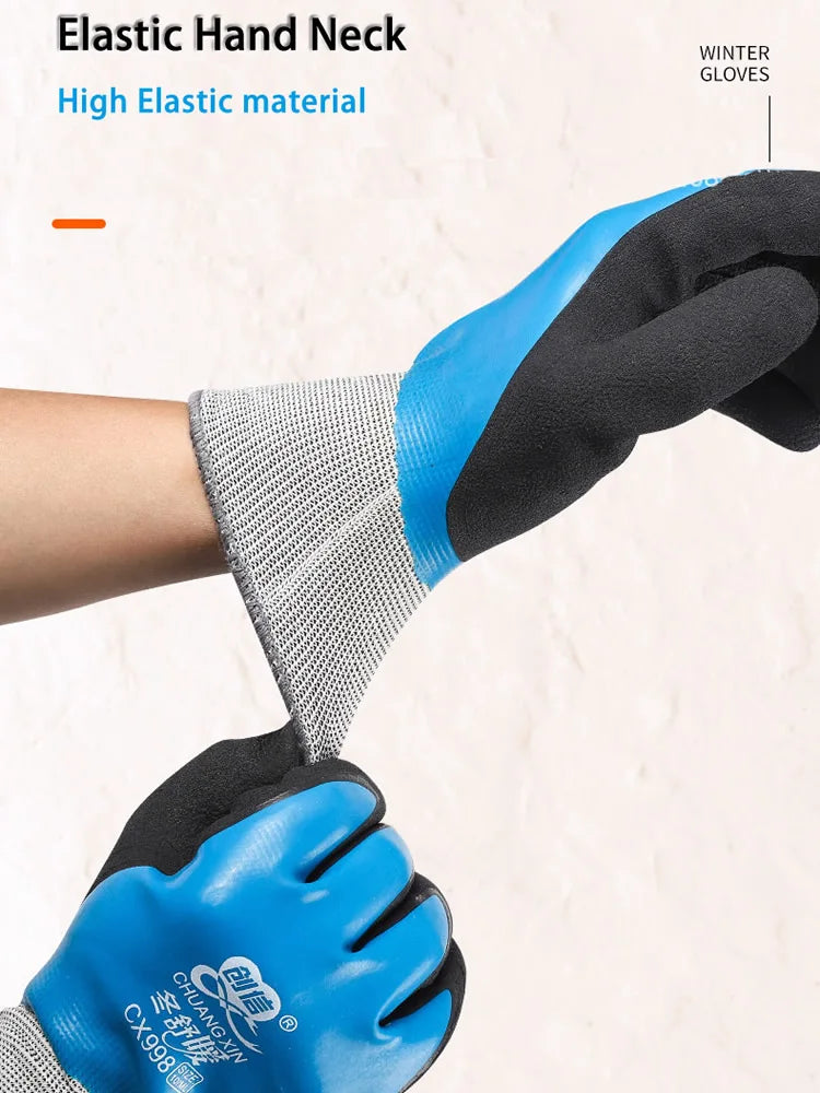 Close-up of a blue and black elastic hand neck glove being worn on a hand.