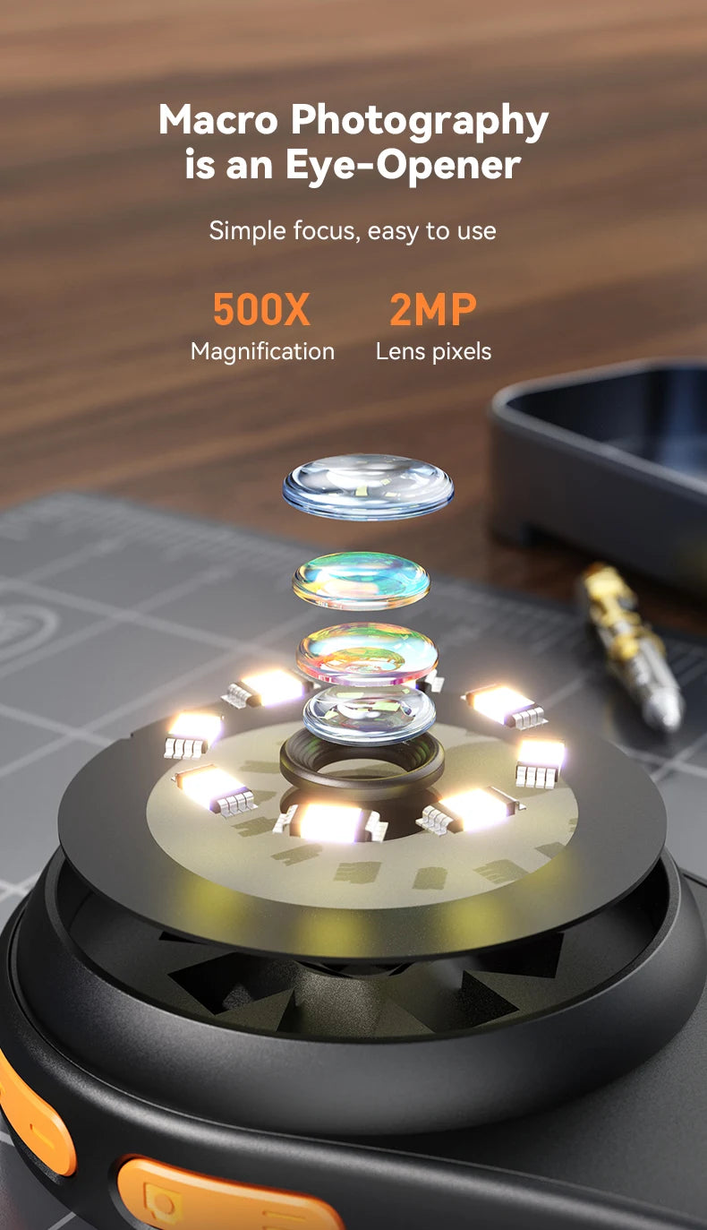 A digital handheld microscope with an LED light is shown, demonstrating magnification of a small object.