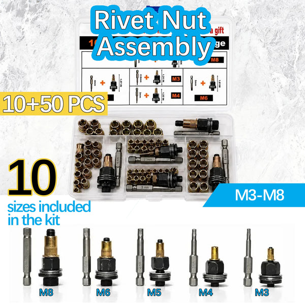 A kit of rivet nuts and corresponding hardware sizes M3 to M8, including various sizes and quantities.