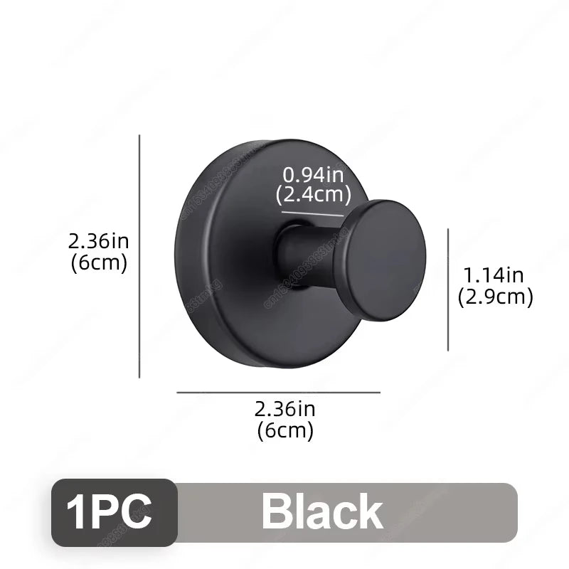 Black stainless steel suction cup hooks with a round finish and mounting hardware.