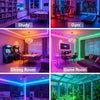 A collection of interior rooms featuring RGB LED strip lighting, including a study, gym, dining room, game room, music room, 