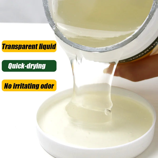 A transparent liquid is being poured from a glass container into a white bowl, highlighting its quick-drying and non-irritati