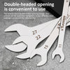 A set of double-headed opening wrenches in silver metal showing various sizes and designs.