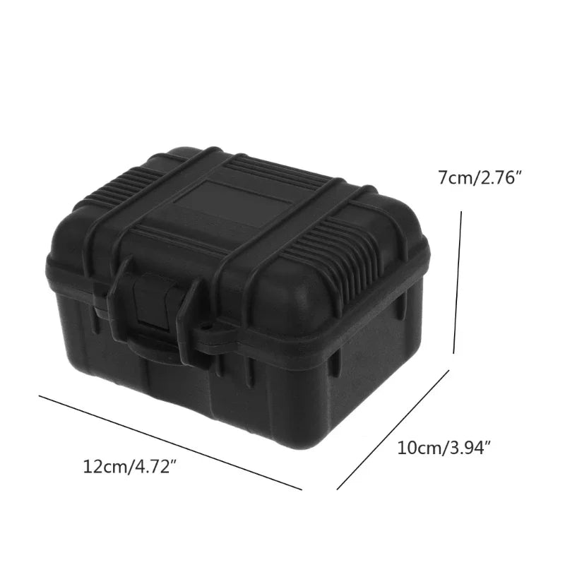 Black impact-resistant watch storage case with dimensions 12cm x 10cm.