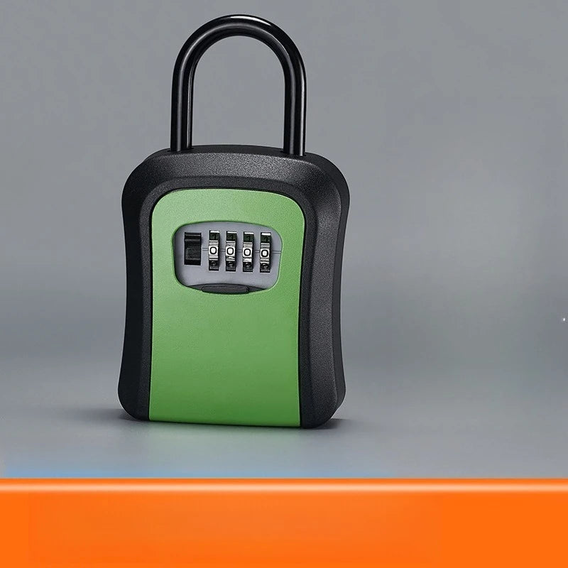 A black and lime green durable outdoor password key storage box with a curved handle.