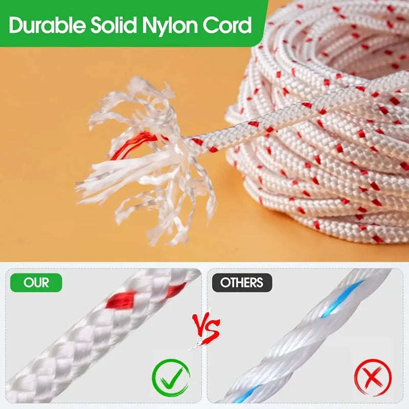 Primer plano de una cuerda de nylon sólido y duradero usada como cuerda de arranque de retroceso para motosierras y desbrozad