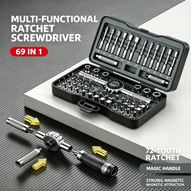 A multi-functional 69 in 1 magnetic ratchet screwdriver kit with various bits and a magic handle displayed on a white surface