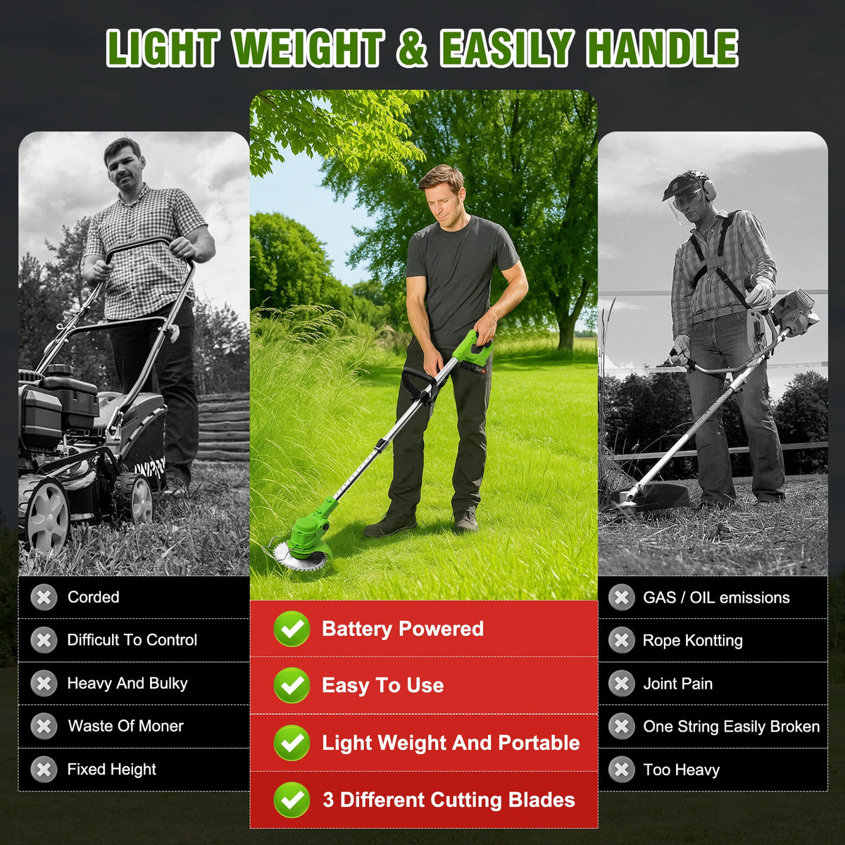 A green cordless electric lawn trimmer is shown being used by a man in a grassy yard.