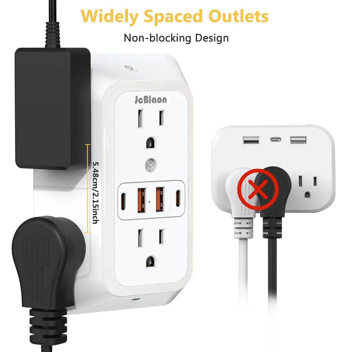 محول حائط أبيض متعدد المنافذ بفواصل واسعة وكابل طاقة أسود، بجوار كابل شحن USB.