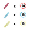 Three insulated crimp terminals in pink, light blue, and yellow are shown next to circles indicating quantities of 20, 15, an