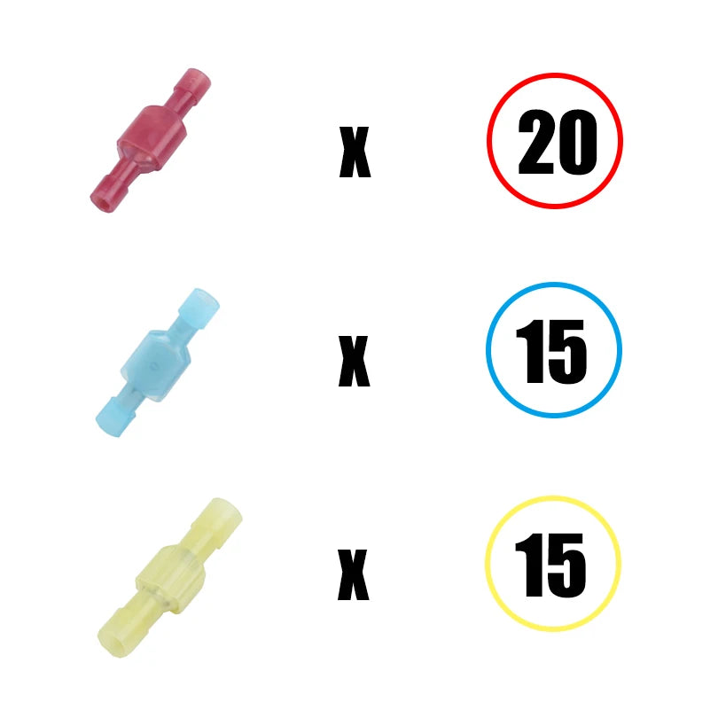 Three insulated crimp terminals in pink, light blue, and yellow are shown next to circles indicating quantities of 20, 15, an