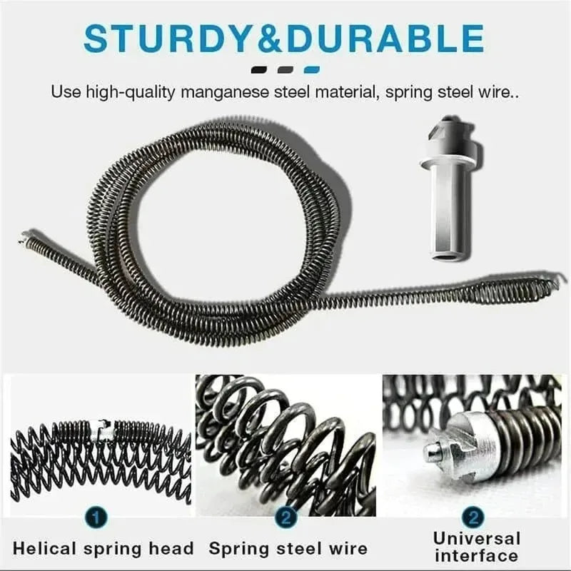 A set of spring steel wire components including a helical spring head, spring steel wire, and a universal interface for drain
