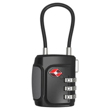 A black TSA combination padlock with a curved shackle and a numeric dial.