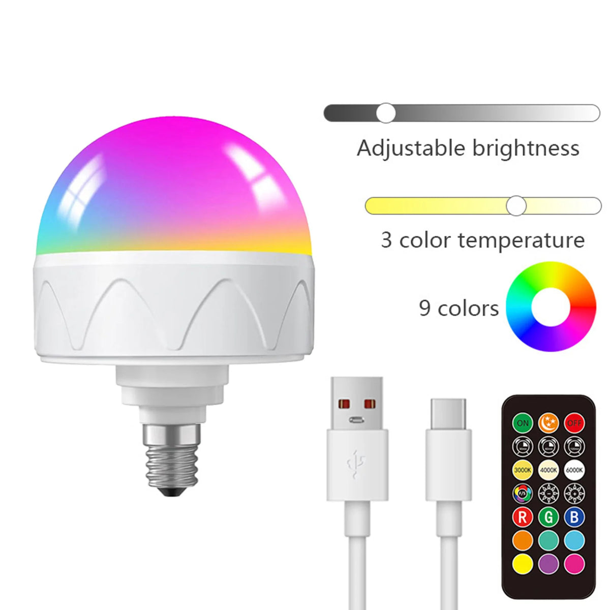 Bombilla LED blanca con difusor esférico que muestra un gradiente de colores y control de brillo ajustable