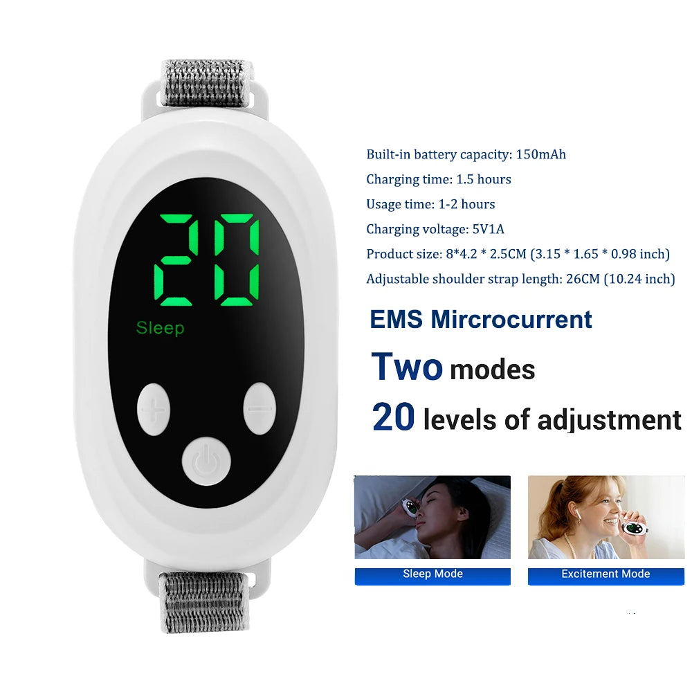 Dispositivo masajeador de ayuda para dormir EMS portátil blanco con pantalla digital y correa ajustable.