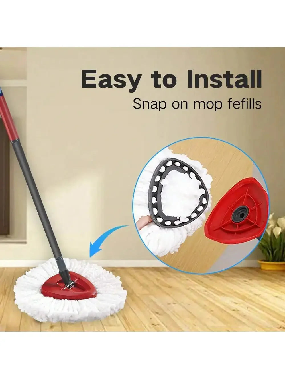 A mop head with a red base is shown being snapped onto a white mop refill for easy installation.