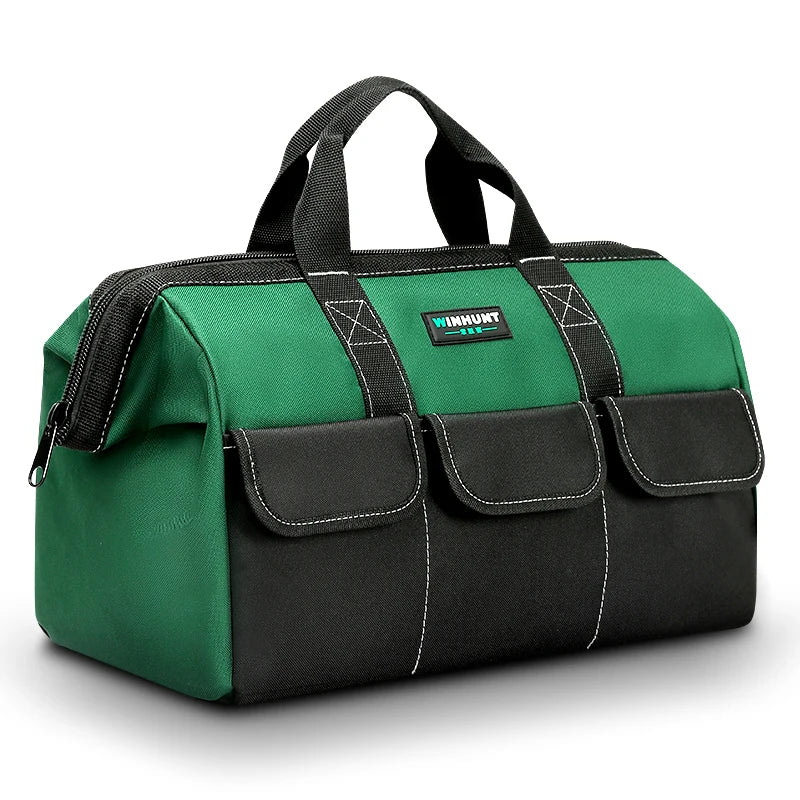 Bolsa de herramientas Oxford resistente verde oscuro y negro con asas y múltiples bolsillos.