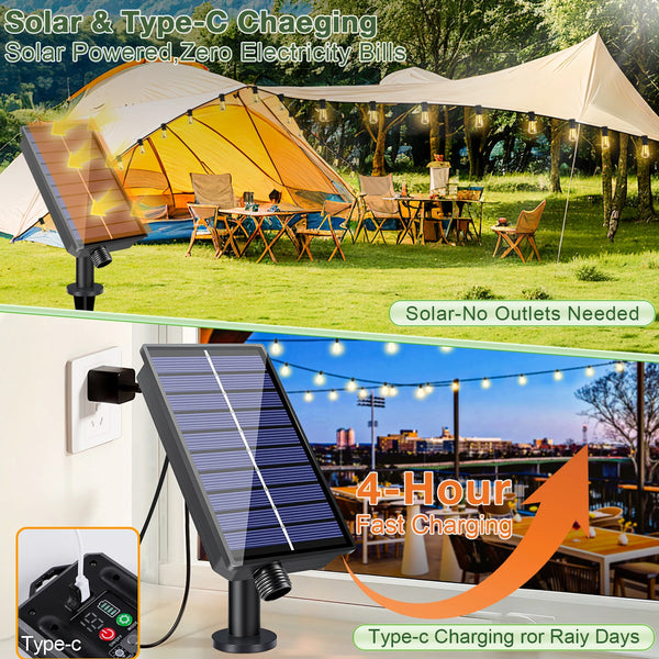 Solar and Type-C charging setup featuring a solar panel powering string lights in an outdoor setting.