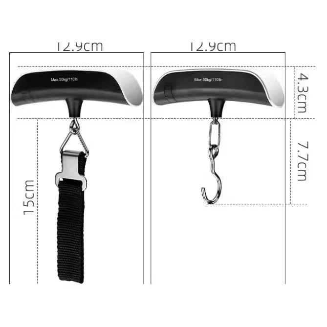 A black digital hanging luggage scale with a curved platform and a hanging loop.