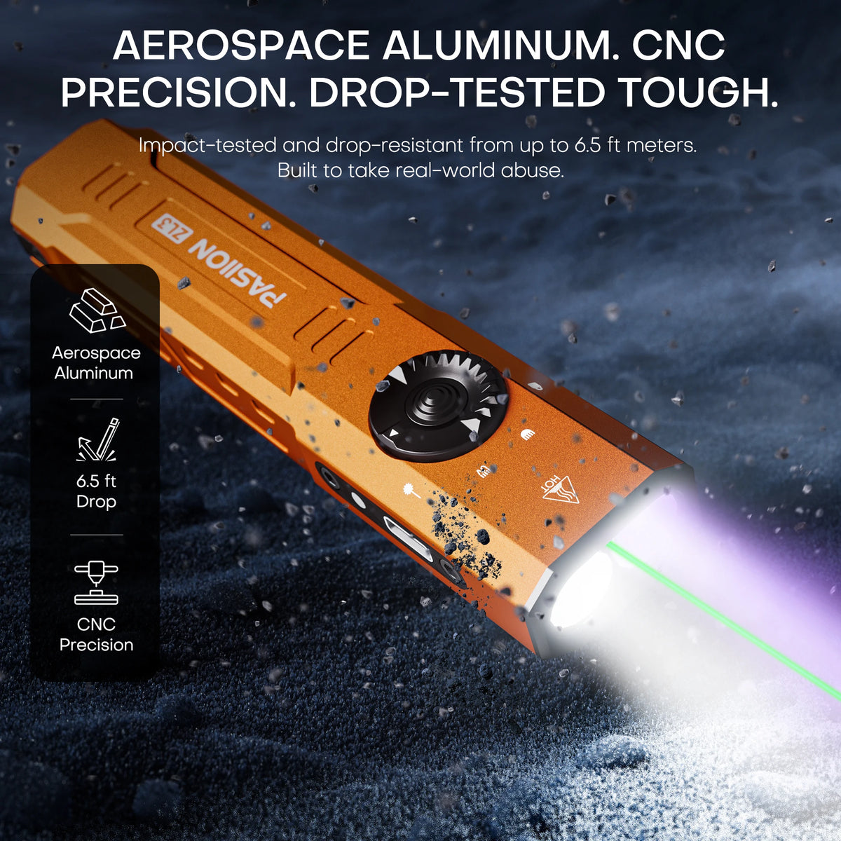 An aerospace aluminum flashlight with a bright beam, demonstrating drop-tested toughness and CNC precision.
