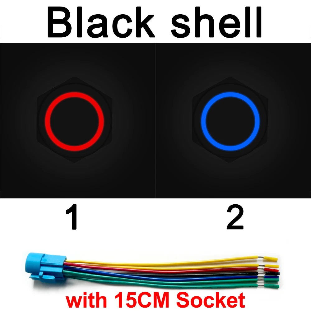 Two black shell LED push button switches, labeled 1 and 2, with a 15CM socket.