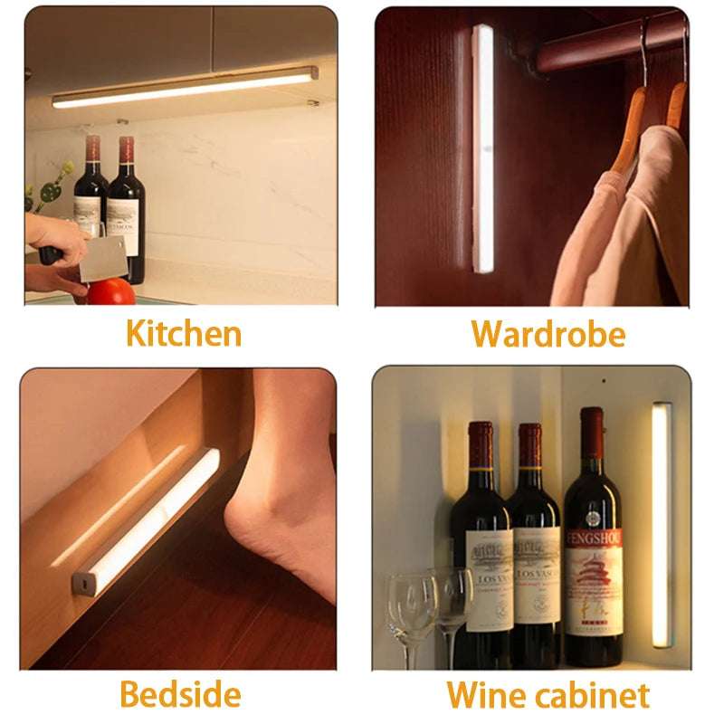 Various interior lighting scenes showing a wireless LED motion sensor night light in kitchen, wardrobe, bedside, and wine cab