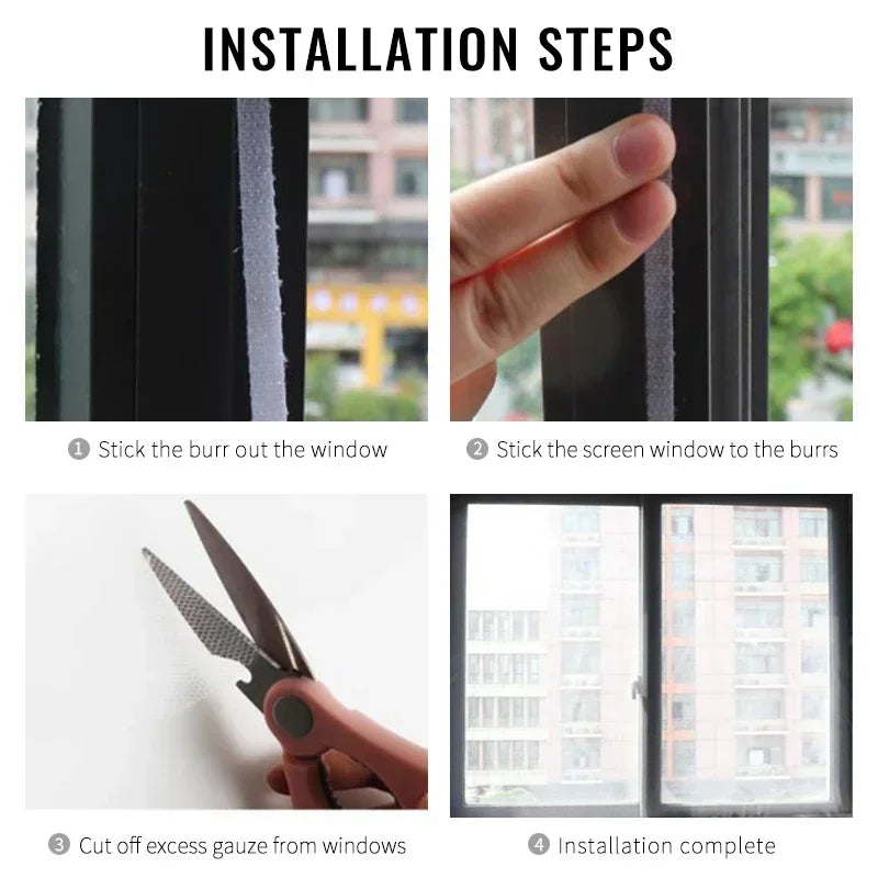 Installation steps showing how to stick a screen window to the burrs and complete installation