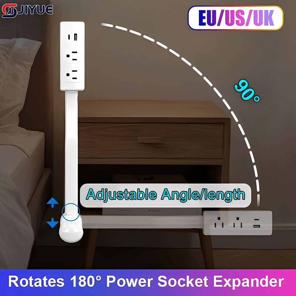 A white adjustable angle power socket expander rotates 180 degrees for electrical outlet extension.