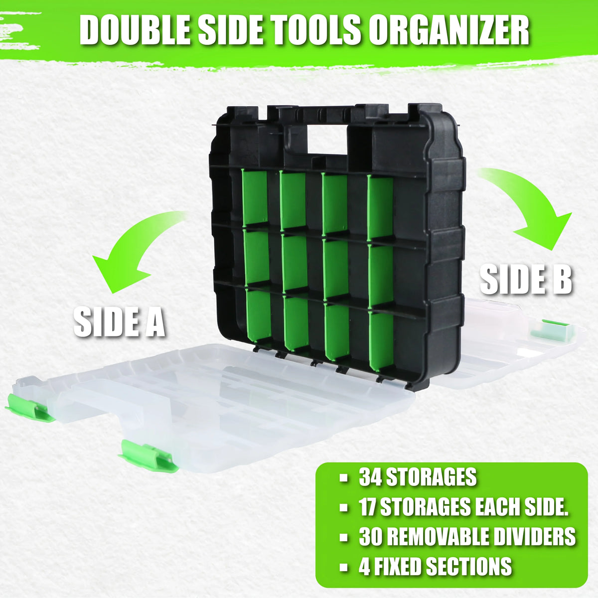 Organizador de herramientas doble cara negro con 34 compartimentos y divisores extraíbles.