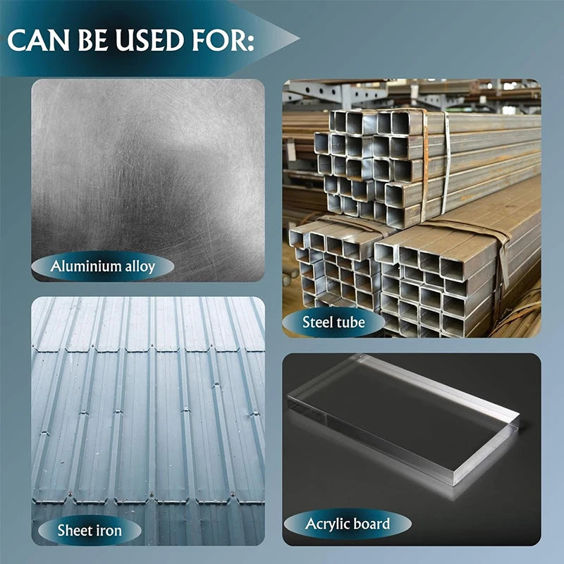 A collection of materials including aluminum alloy, steel tube, sheet iron, and acrylic board.