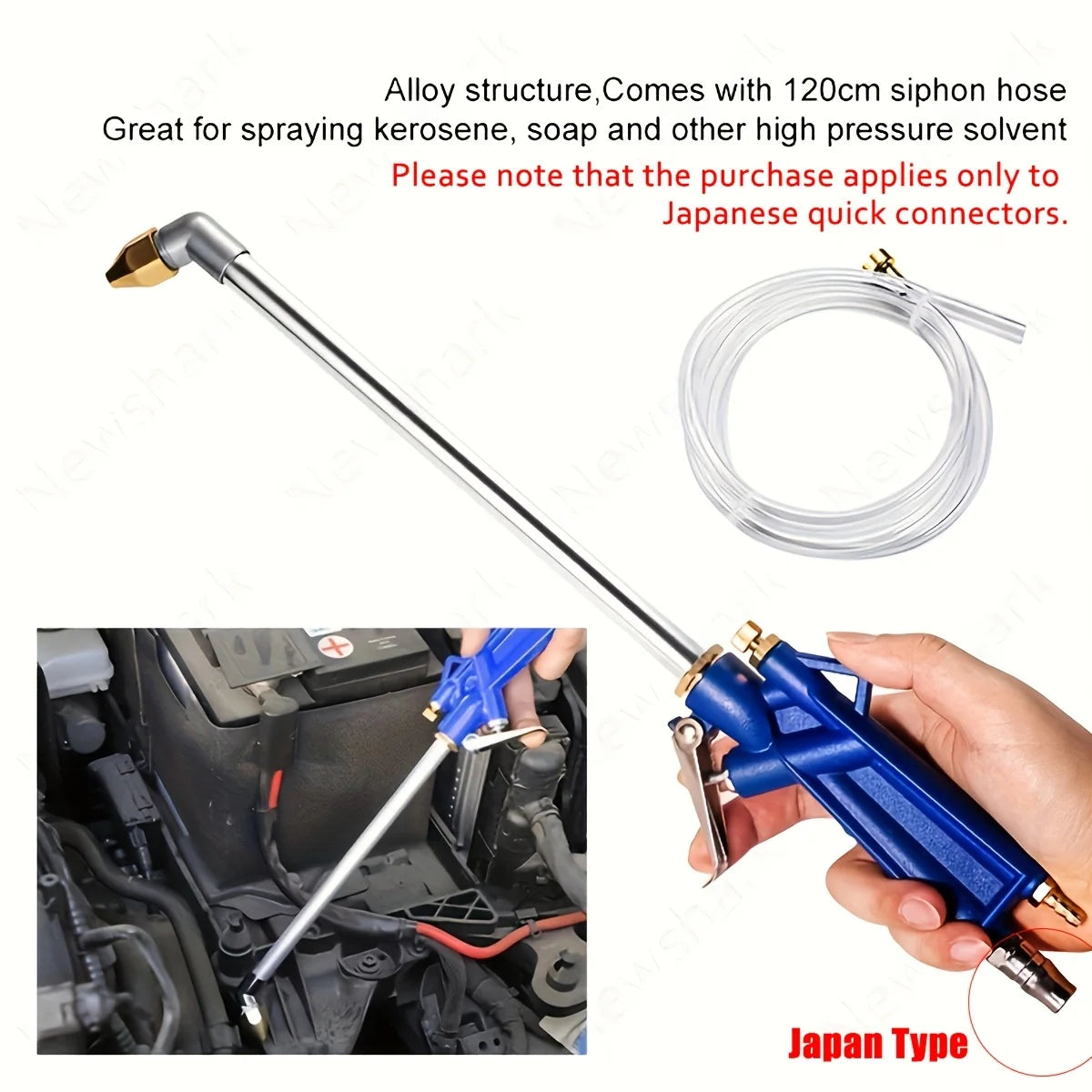 A blue pneumatic water gun with a long metal nozzle and clear hose connector for spraying car and engine parts.