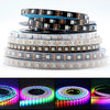 Stack of addressable RGBW LED strip lights showing various colors and patterns.