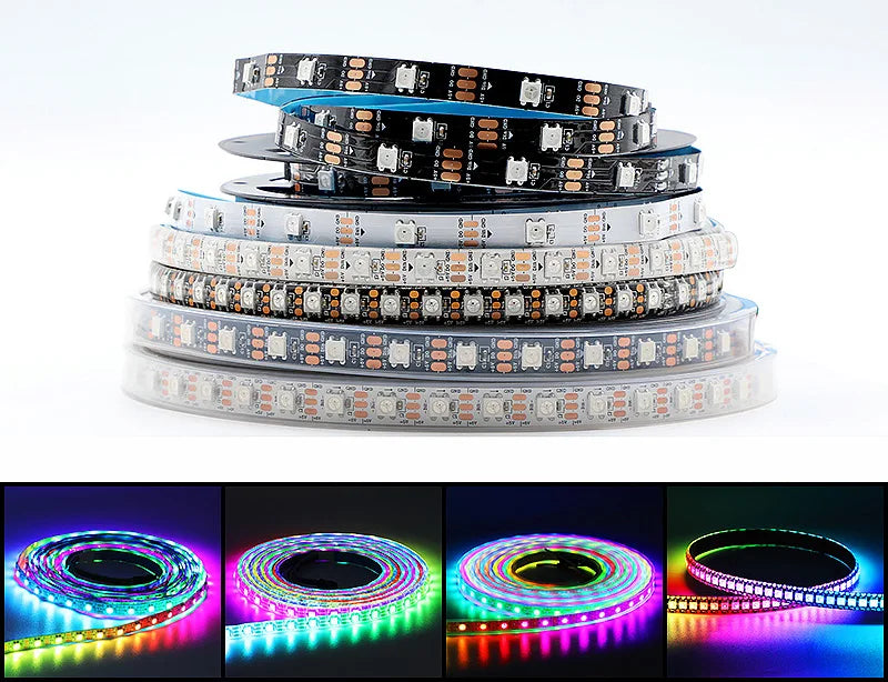 Stack of addressable RGBW LED strip lights showing various colors and patterns.