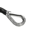 Close-up of a silver metal carabiner attached to a black strap end.