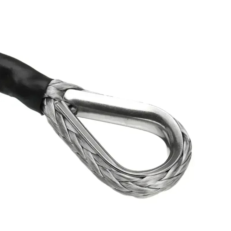 Close-up of a silver metal carabiner attached to a black strap end.