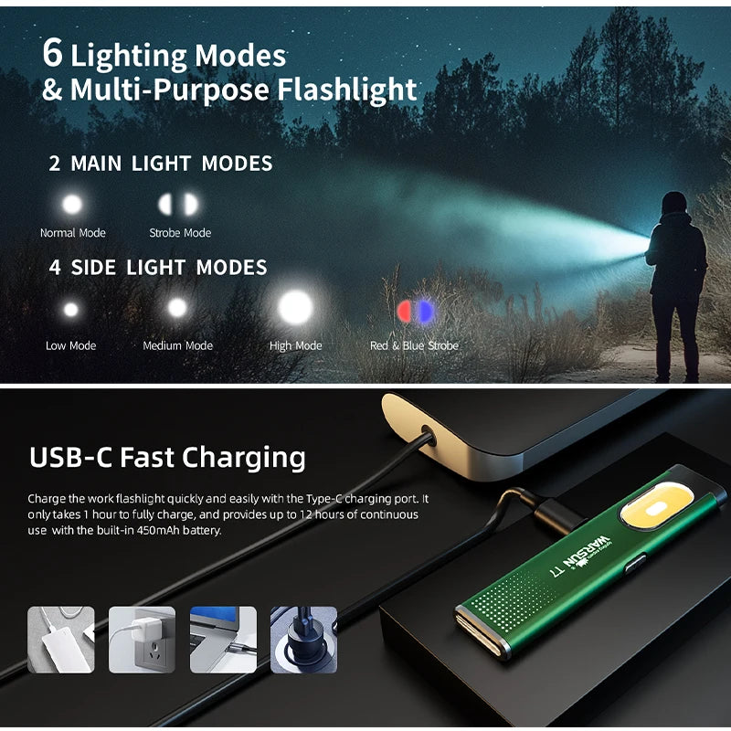 A green rechargeable flashlight is shown with various lighting modes and a USB-C charging cable.