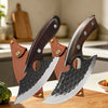 A forged stainless steel boning knife with a wooden handle and bottle opener resting on a wooden cutting board.