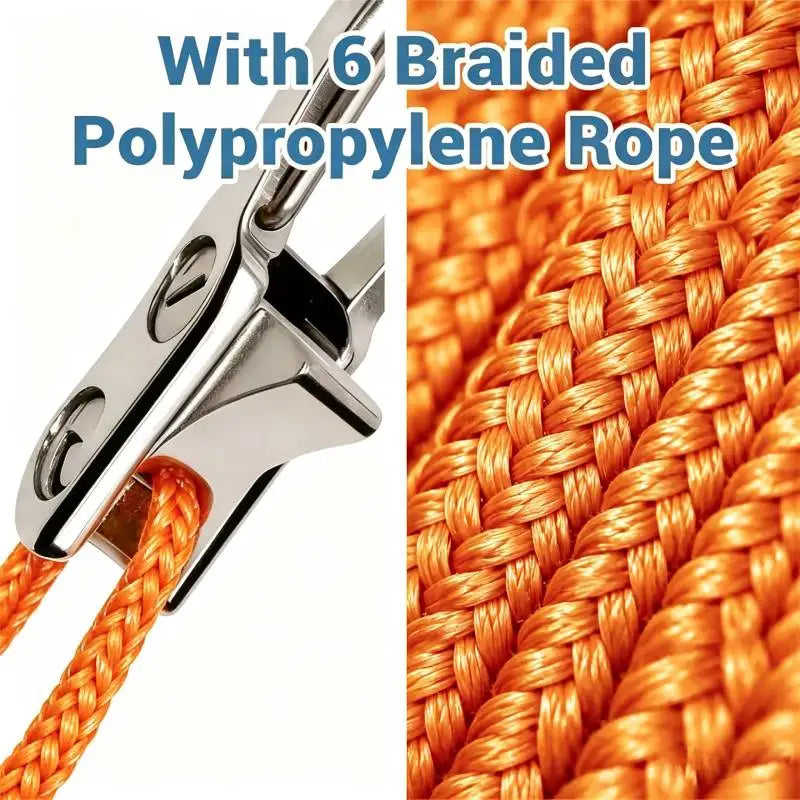 A silver aluminum tent rope tensioner clamp with six braided polypropylene ropes.