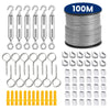 Kit de ligne à vêtements en acier inoxydable robuste avec bobine de 100m et crochets/colliers en câble PVC.