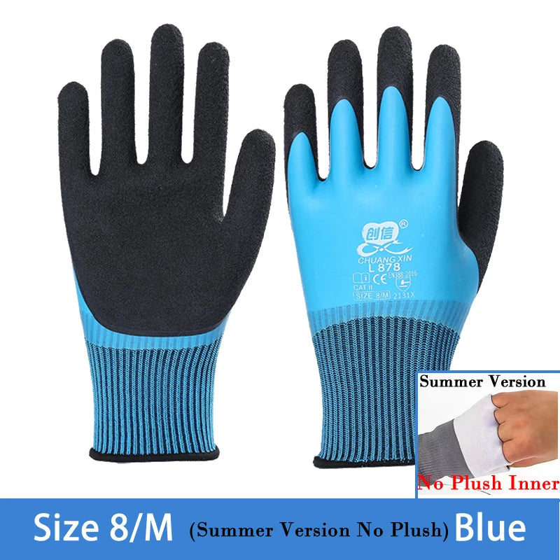 Blue summer version work gloves for men size 8M with black palms and blue accents