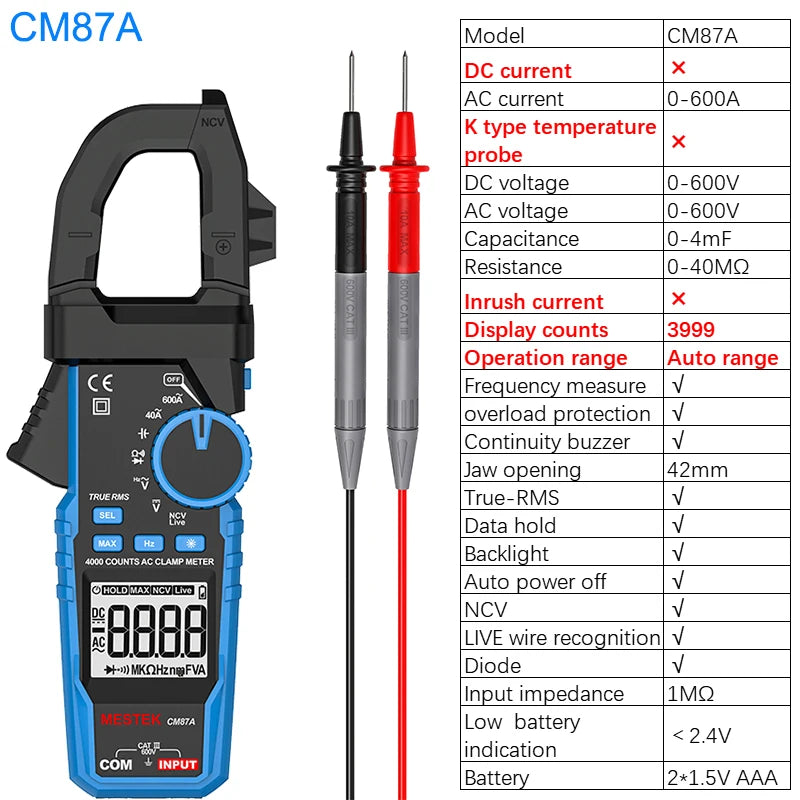 A black digital clamp meter labeled CM87A with various probes and accessories shown on a white background.