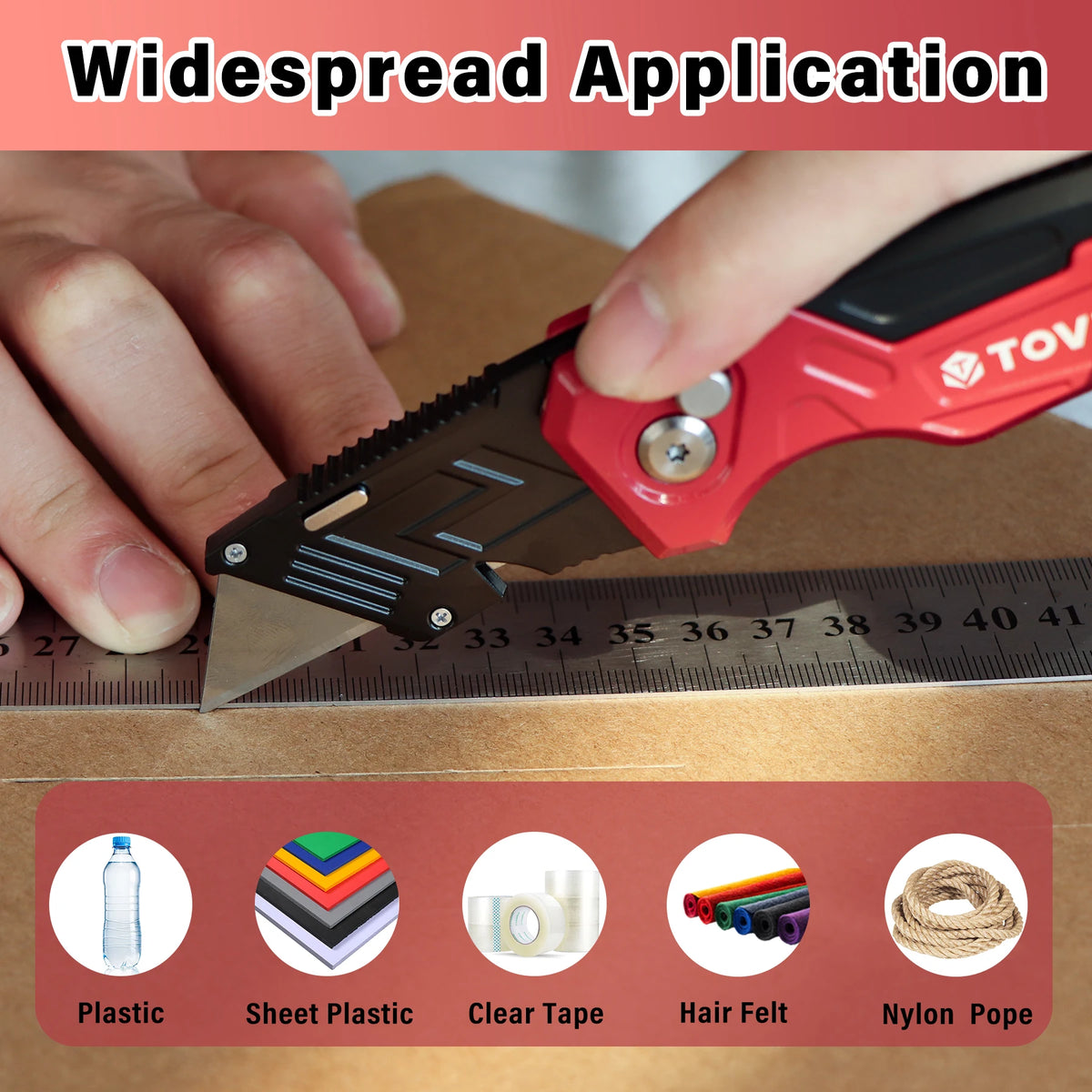 A hand uses a red utility knife to cut cardboard, demonstrating the widespread application of the tool.