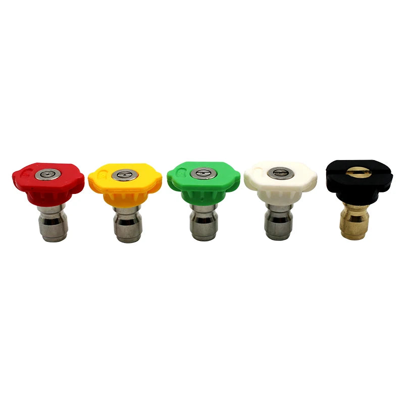 A set of five colored 1/4 inch quick connect high-pressure spray nozzles in red, yellow, green, white, and black.