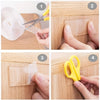 Cuatro pasos mostrando cómo aplicar cinta adhesiva reutilizable de doble cara 3-Roll sobre una superficie de madera.