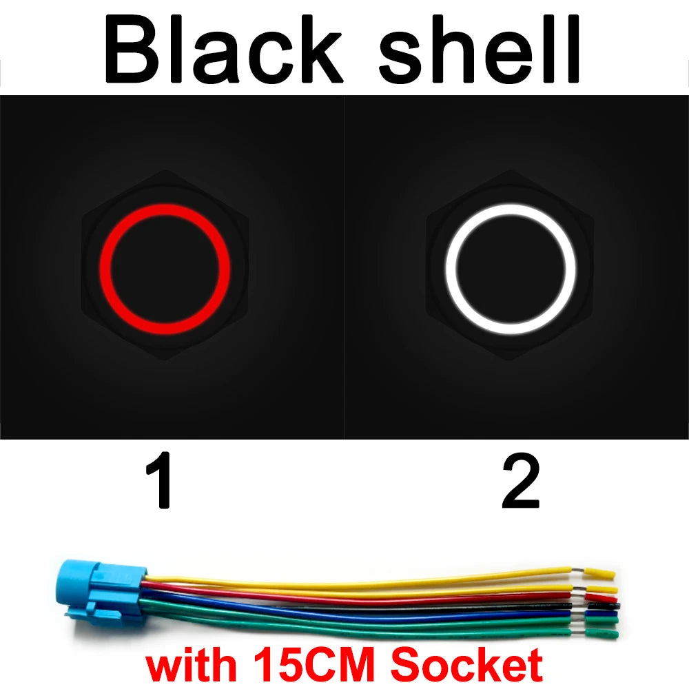 Two black shell LED push button switches with 15cm sockets shown side by side.