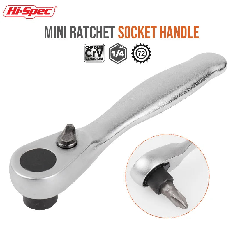 A silver mini ratchet socket handle with a double-ended tool shown next to its detached head.